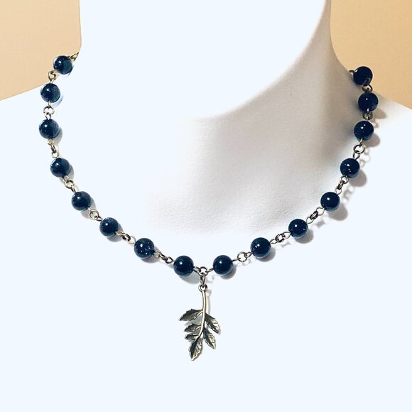 Dark Blue Goldstone Bronze Link Adjustable Short Necklace w/ Leaf Branch Charm - Picture 2 of 15